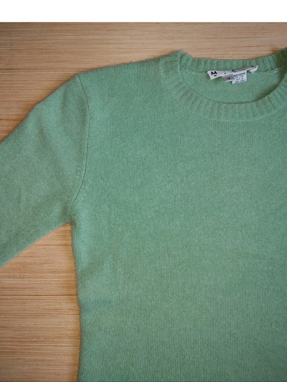 MAD M.A.D. 100% Cashmere Pullover Sweater Green Knit 3/4 Sleeve Mint Crew Neck M - Picture 9 of 16